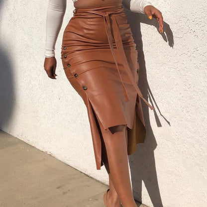 High Waist Midi Pencil Skirt with Belt and Slit