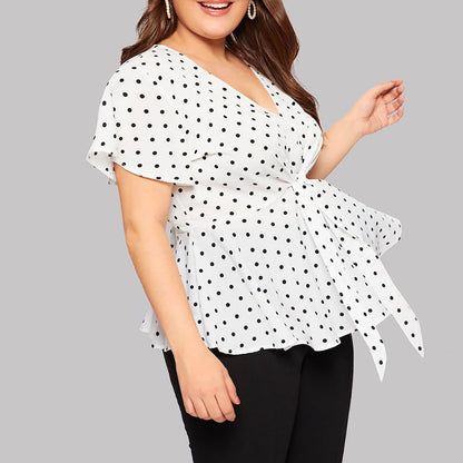 Women's Polka Dot V-Neck Short Sleeve Top