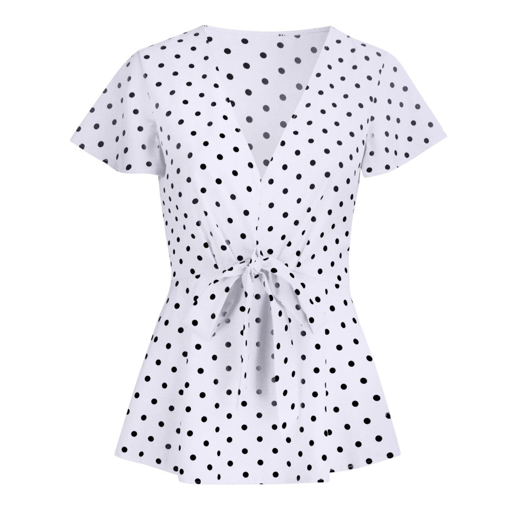 Women's Polka Dot V-Neck Short Sleeve Top