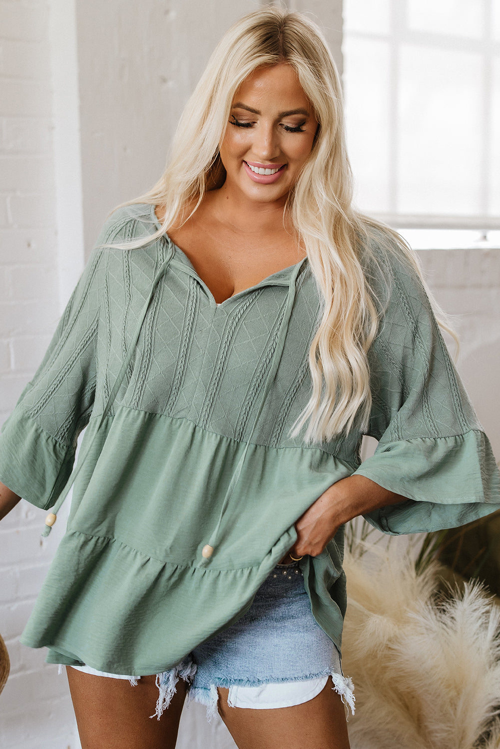 Green Tie Split Neck Textured Ruffle Patchwork Blouse