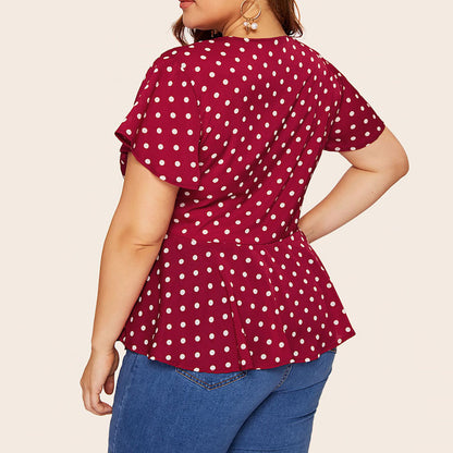 Women's Polka Dot V-Neck Short Sleeve Top