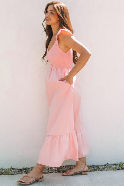 Black V Neck Flutter Sleeve Smocked Bodice High Waist Ruffle Maxi Dress