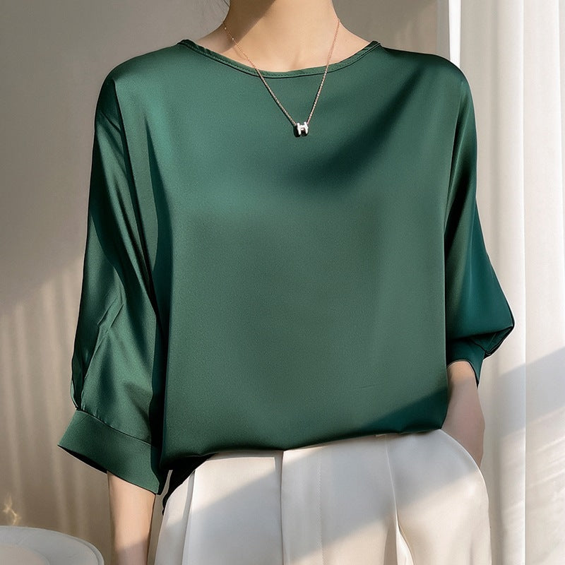 Middle length Sleeve Satin Blouse - Plus Size