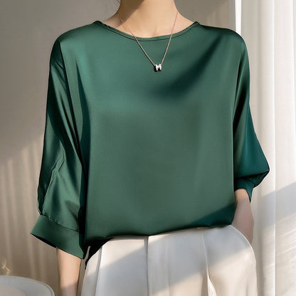 Middle length Sleeve Satin Blouse - Plus Size