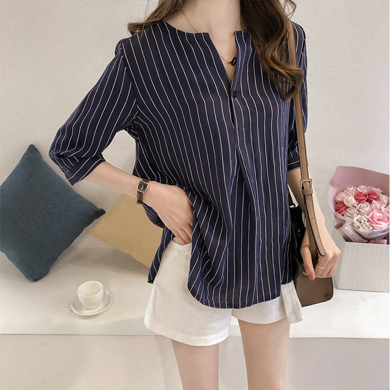 Thin Striped Short Sleeve Blouse for Women