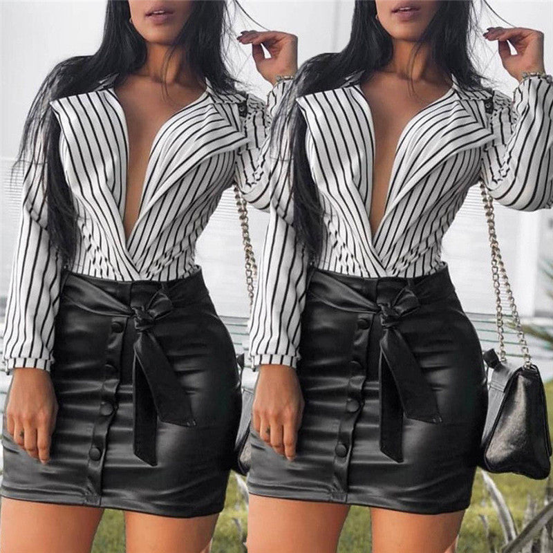 Striped Long Sleeve V-Neck Cross Shirt