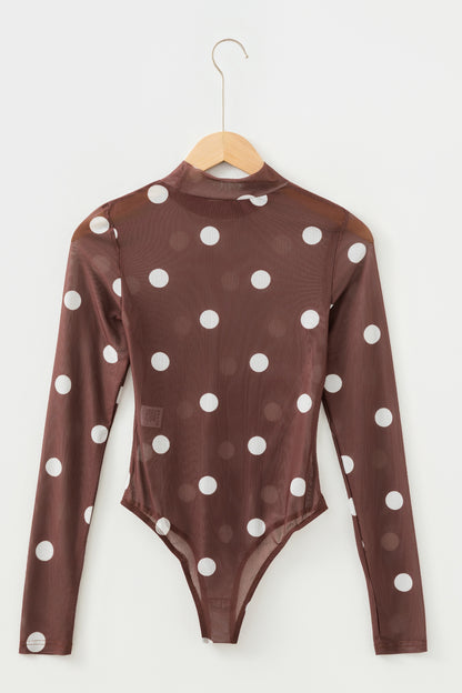 Black Vintage Polka Dot Print Mesh Long Sleeve Bodysuit