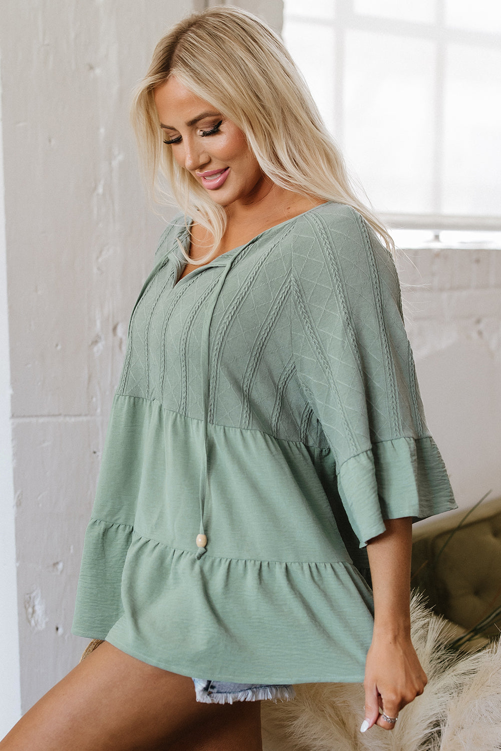 Green Tie Split Neck Textured Ruffle Patchwork Blouse