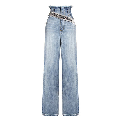 Wide High Waist Leg Jeans with Rhinestone Belt