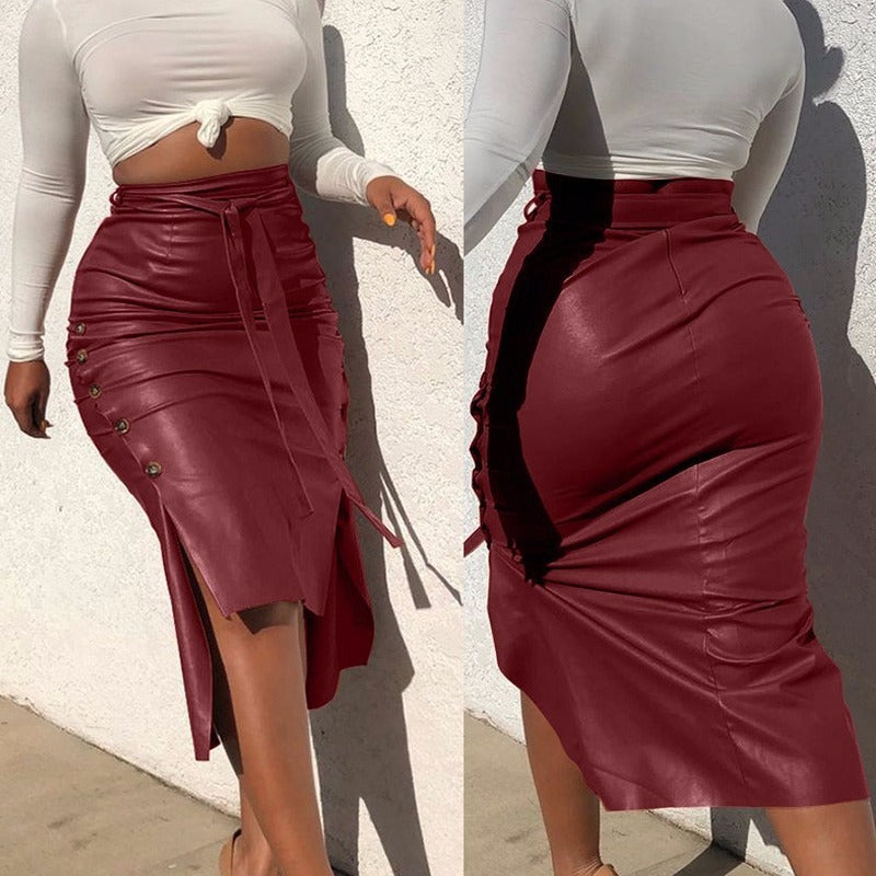 High Waist Midi Pencil Skirt with Belt and Slit