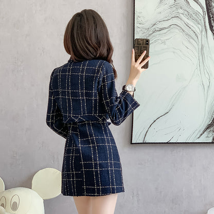 Elegant 2-Piece Checkered Tweed Blazer & Mini Dress
