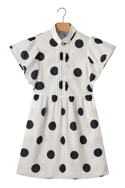 White Polka Dot Print Half Button Ruffled Short Sleeve Loose Mini Dress