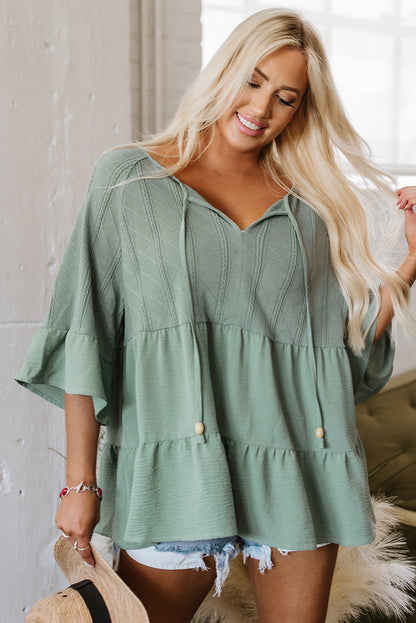 Green Tie Split Neck Textured Ruffle Patchwork Blouse