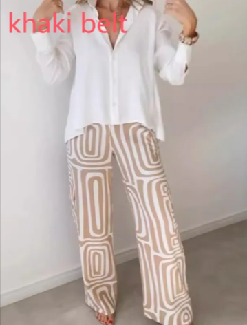 2 piece set- Printed Lapel Shirt & Wide Leg Pants