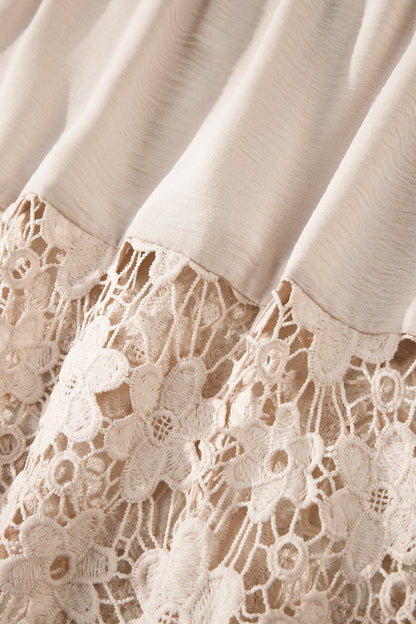 Beige Sheer Hollowed Floral Lace Hem Patchwork Loose Halter Summer Dress