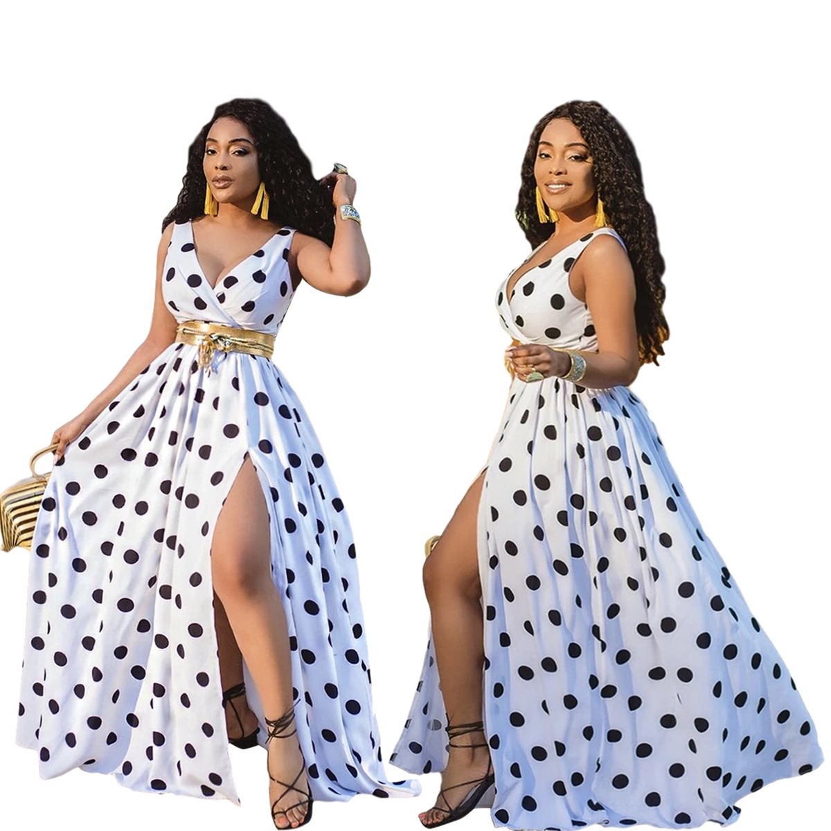 Fashionable Long Polka Dot Digital Print Dress- NO BELT