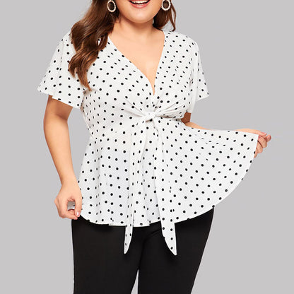 Women's Polka Dot V-Neck Short Sleeve Top