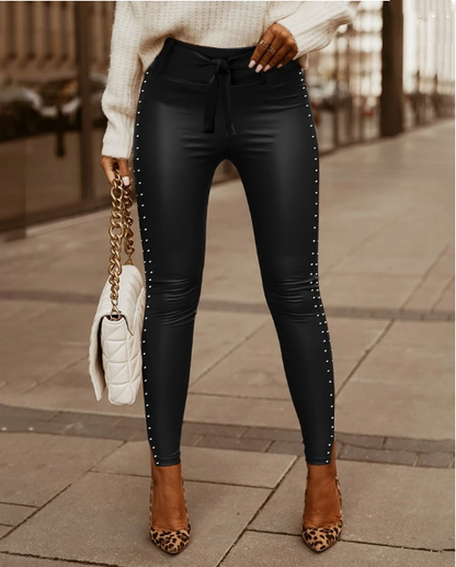 Tight Leather Pants with silver embellishment on the side and Waist Strap for Women
