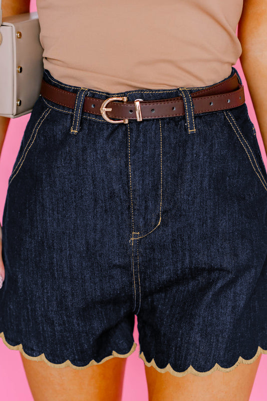 Navy Blue Embroidered Scalloped Hem High-Waisted Denim Shorts