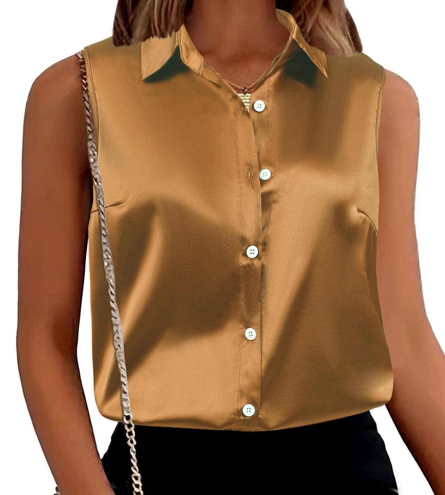 Womens Silk Blouses Satin Tank Tops Sleeveless - Elegant Blouses Coffee