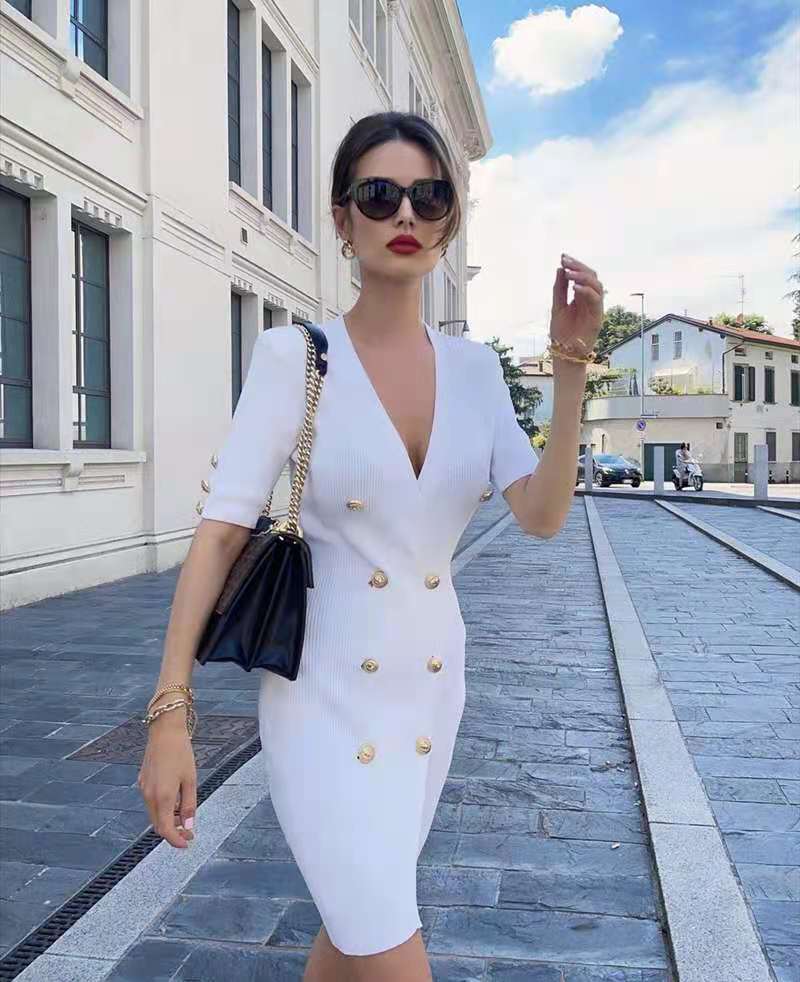 White Knit V Neck Short Sleeve Bandage Dress