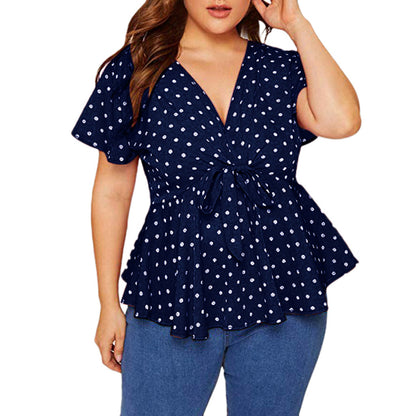 Women's Polka Dot V-Neck Short Sleeve Top