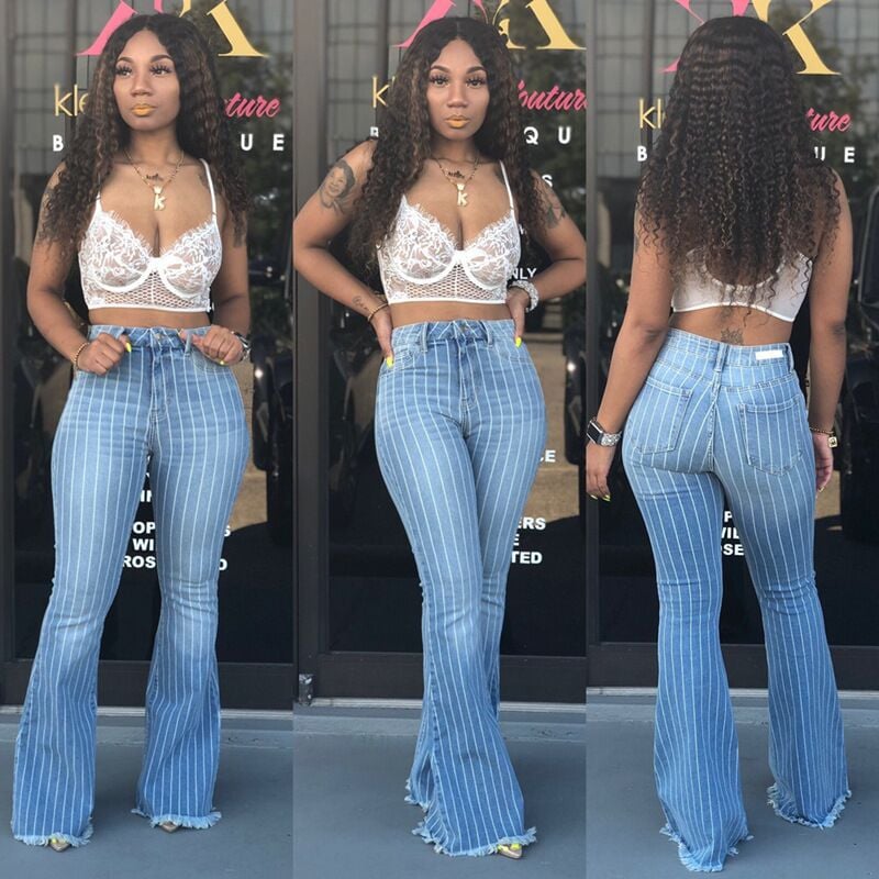 Blue High Waist Striped Flare Jeans