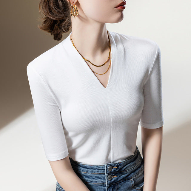 Women's Middle Sleeve Deep V Neck Top