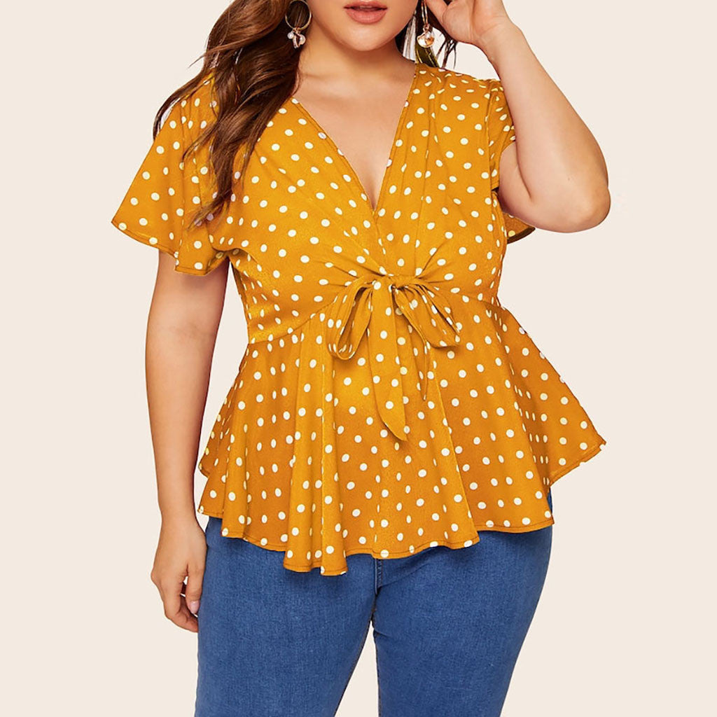 Women's Polka Dot V-Neck Short Sleeve Top