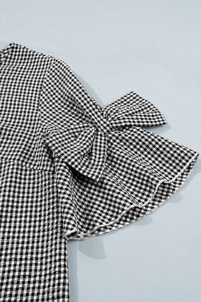 Black Plaid Bow Ruffled Half Sleeve Round Neck Blouse