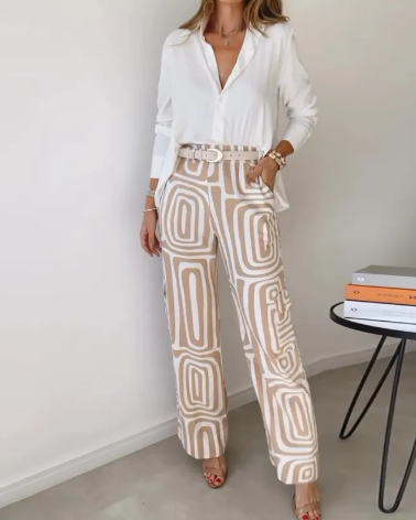 2 piece set- Printed Lapel Shirt & Wide Leg Pants