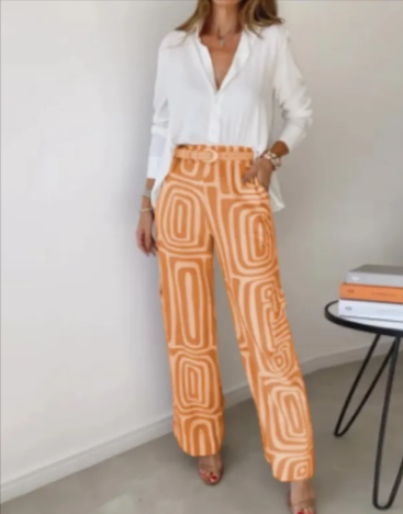 2 piece set- Printed Lapel Shirt & Wide Leg Pants