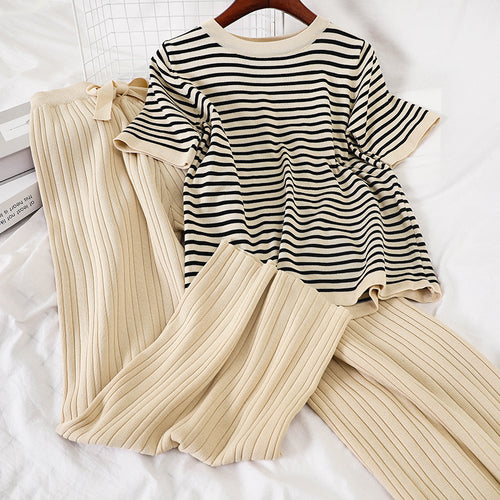 Chic Loose Short Sleeve Knit Top and Wide Leg Pants Set