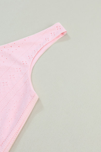 Light Pink Eyelet Knit Patterned Loose V Neck Tank Top