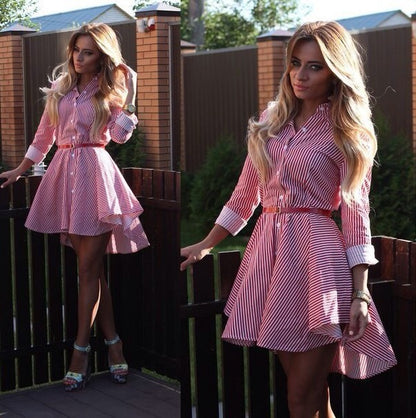 Striped Long Sleeve Shirt Dress with Belt for Women