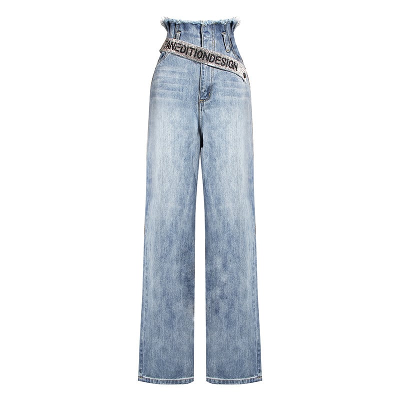 Wide High Waist Leg Jeans with Rhinestone Belt