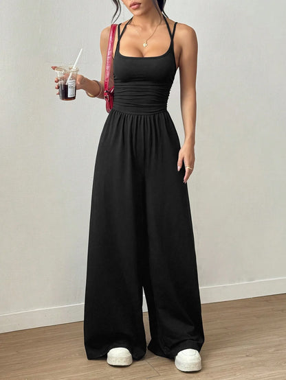 New Spring Summer Jumpsuit Solid Color Casual Simple Spring Summer Suspender Sleeveless High Waist Backless Loose Overalls