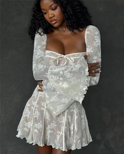 Elegant lace Mini Dress For Women Square Collar Long Sleeve Backless