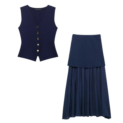 2 Piece Set Chic V-Neck Sleeveless Button Knitted Vest Top + Splicing High Waist Ankle-Length Skirt