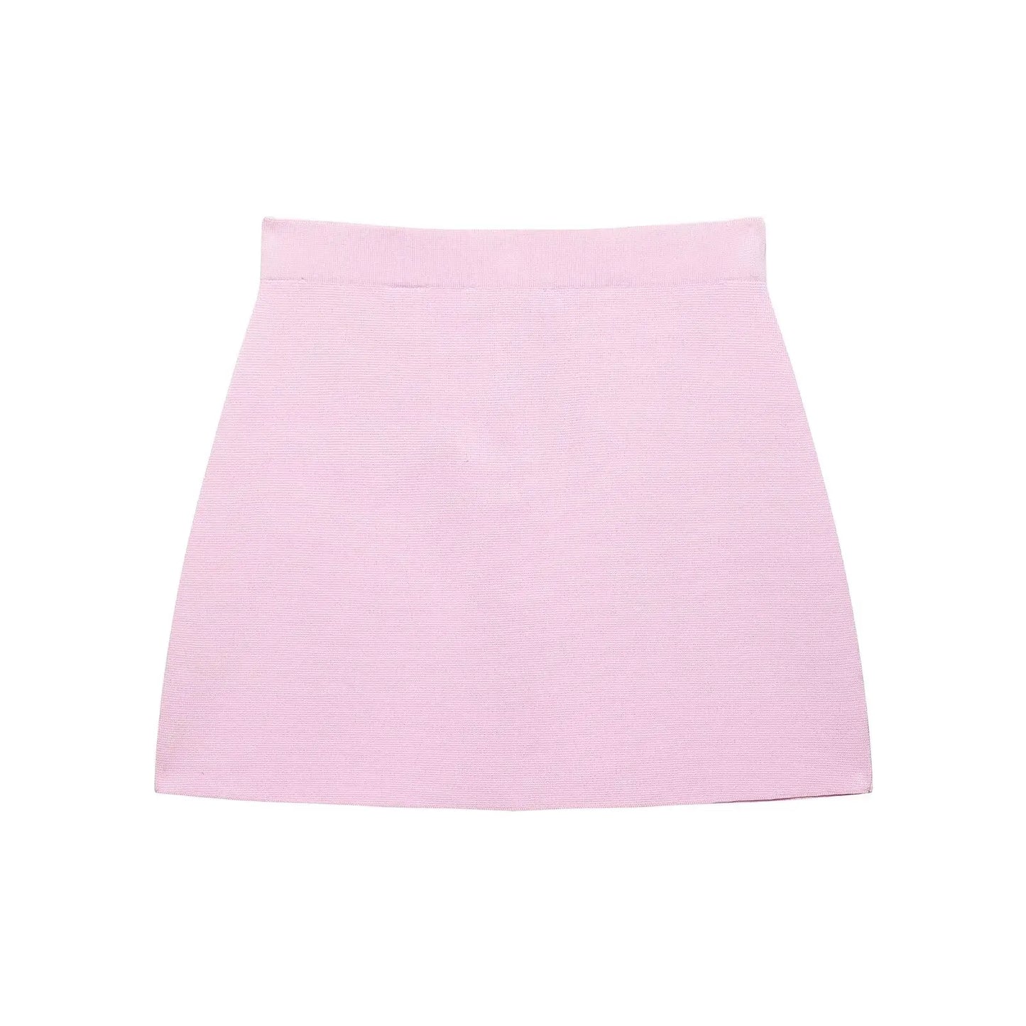 Knitted Skirt Suit Crew Neck Single-Breasted Short Sleeve Top+Fashion Elegant Elastic Waist Mini Skirt
