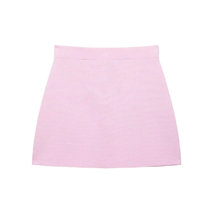 Knitted Skirt Suit Crew Neck Single-Breasted Short Sleeve Top+Fashion Elegant Elastic Waist Mini Skirt