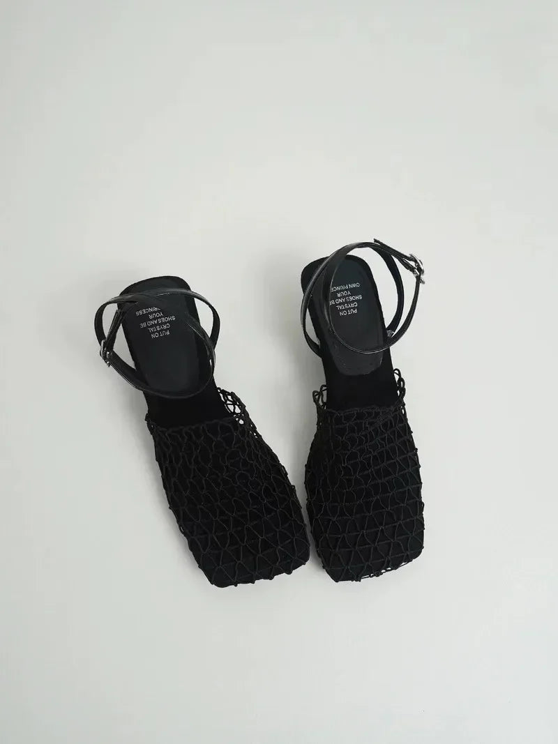 Luxury women's lace Mesh Fashion Sandals- Square Toe Shallow Narrow Strap Braided Slip-on High Heels Sandals