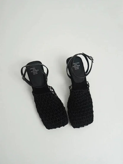 Luxury women's lace Mesh Fashion Sandals- Square Toe Shallow Narrow Strap Braided Slip-on High Heels Sandals