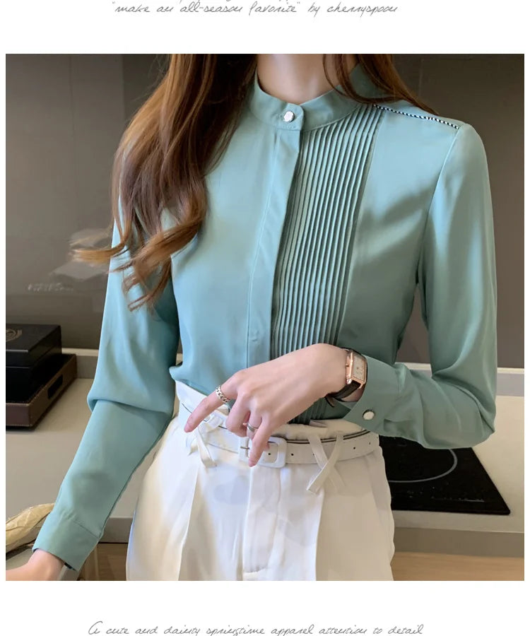 Long Sleeve Chiffon Blouse Shirt Women V-Neck-  Office Lady Blouse