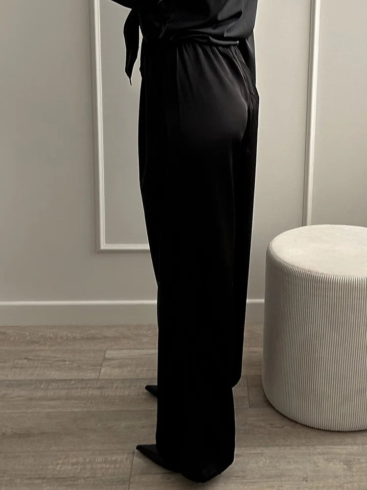 Luxury Wide Leg Baggy Satin High Waist Pants For Women Trousers With Pockets