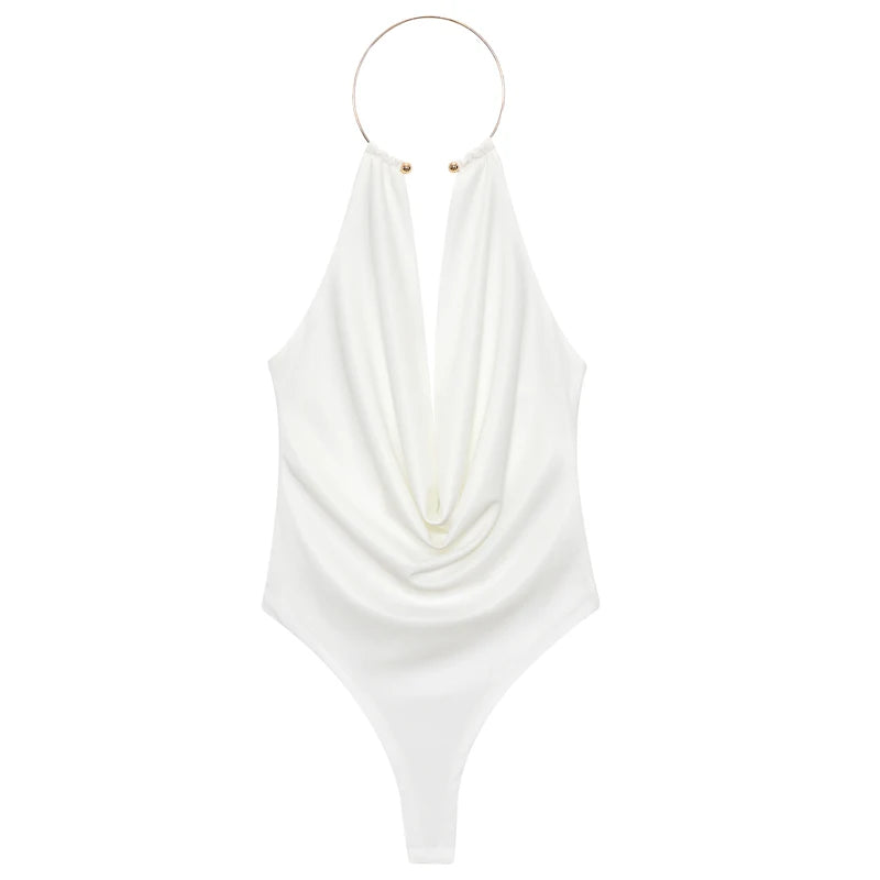 Sexy Jewel Halter Draped Backless Bodysuit