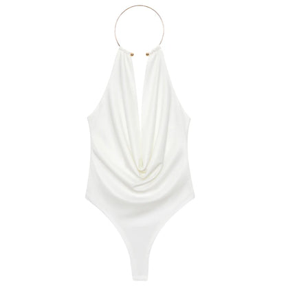 Sexy Jewel Halter Draped Backless Bodysuit