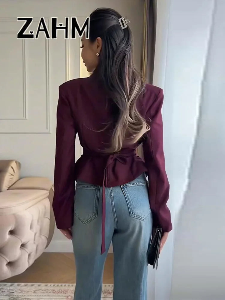Casual Lace Up Solid Blazer Women Fashion Slim V-neck Single Breasted Full Sleeve Jacket Female 2026 Spring Lady Outwears New