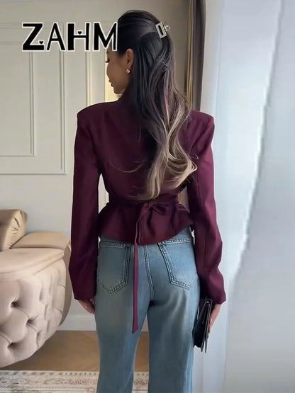 Casual Lace Up Solid Blazer Women Fashion Slim V-neck Single Breasted Full Sleeve Jacket Female 2026 Spring Lady Outwears New