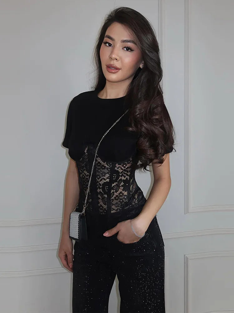 Fashion Floral Lace Fish-bone Patchwork Shirts For Women 2026 Spring New Chic Short Sleeve O-neck Blouse Lady Street Y2K Tops